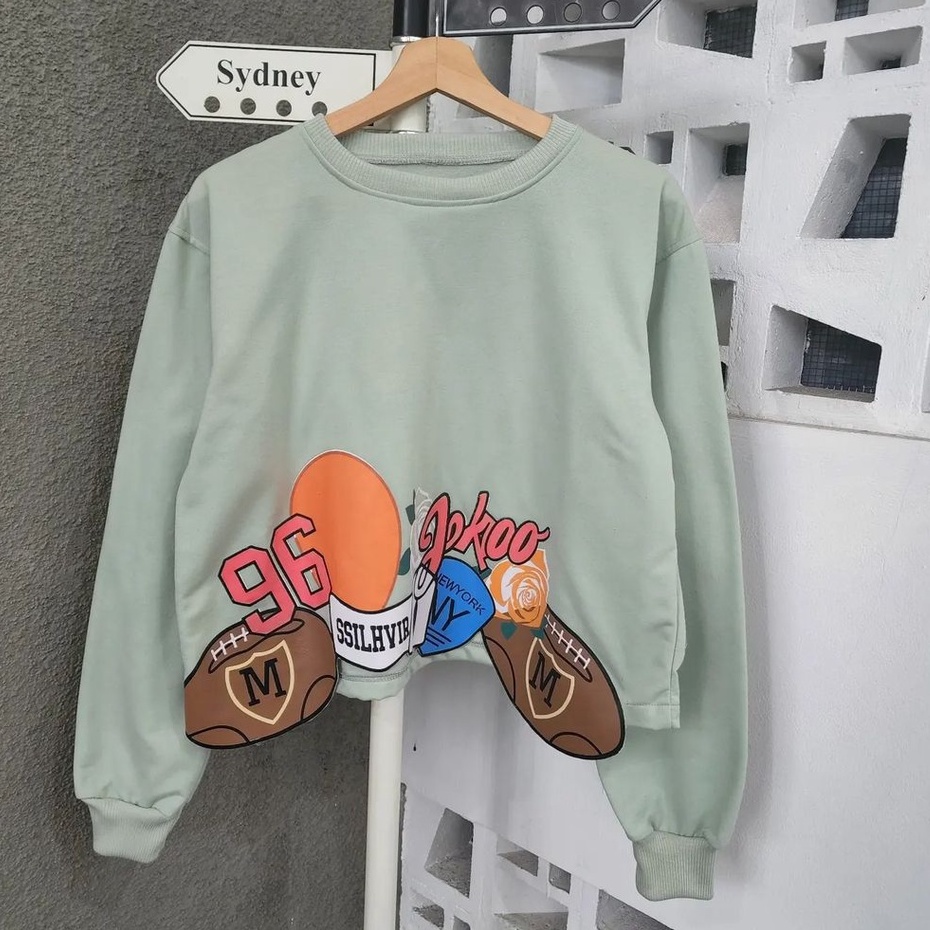 Sweater Croop Wanita 96 M Rugby Crewneck Lucu Bahan Fleece