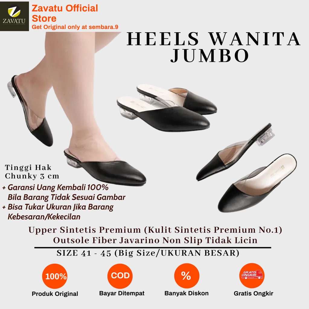 Zavatu Sandal Kulit Heels Kaca Big Size Jumbo Wanita Model Hak Tahu Tipe ZVT 258 Hitam Ukuran Size 4