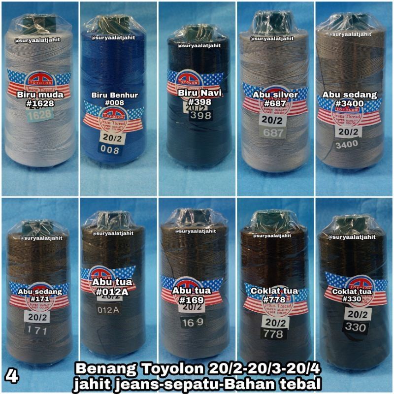 Benang Toyolon 20/4 jahit jeans kulit, bahan tebal 1pak @1/2 lsn =rp.69.500/1/2lsn