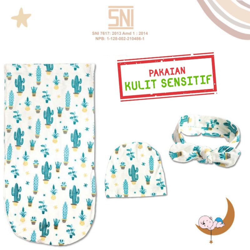 SNI [Perlengkapanbayimurah] Bedong Cocoon MOTIF Dita Moons Care Swaddle 1 lapis motif Bonus Bandana topi