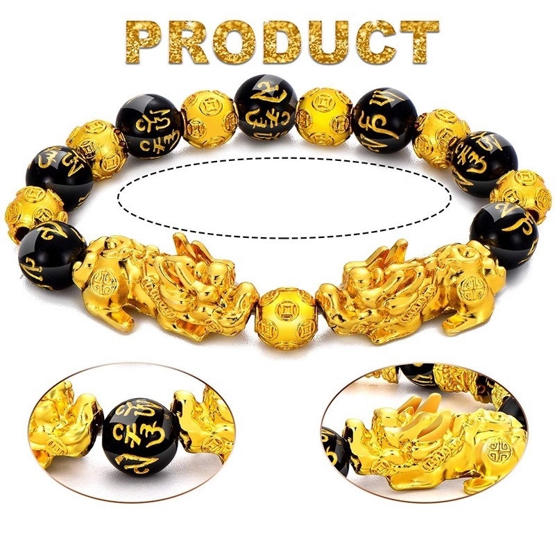 Gelang Tangan Pria / Wanita Manik Batu Obsidian Hitam Gaya Feng Shui Buddha