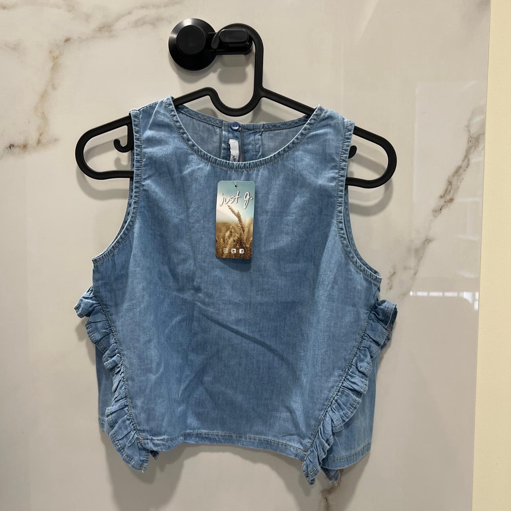 Just G Atasan Denim Shell Top with Ruffle Front atasan crop