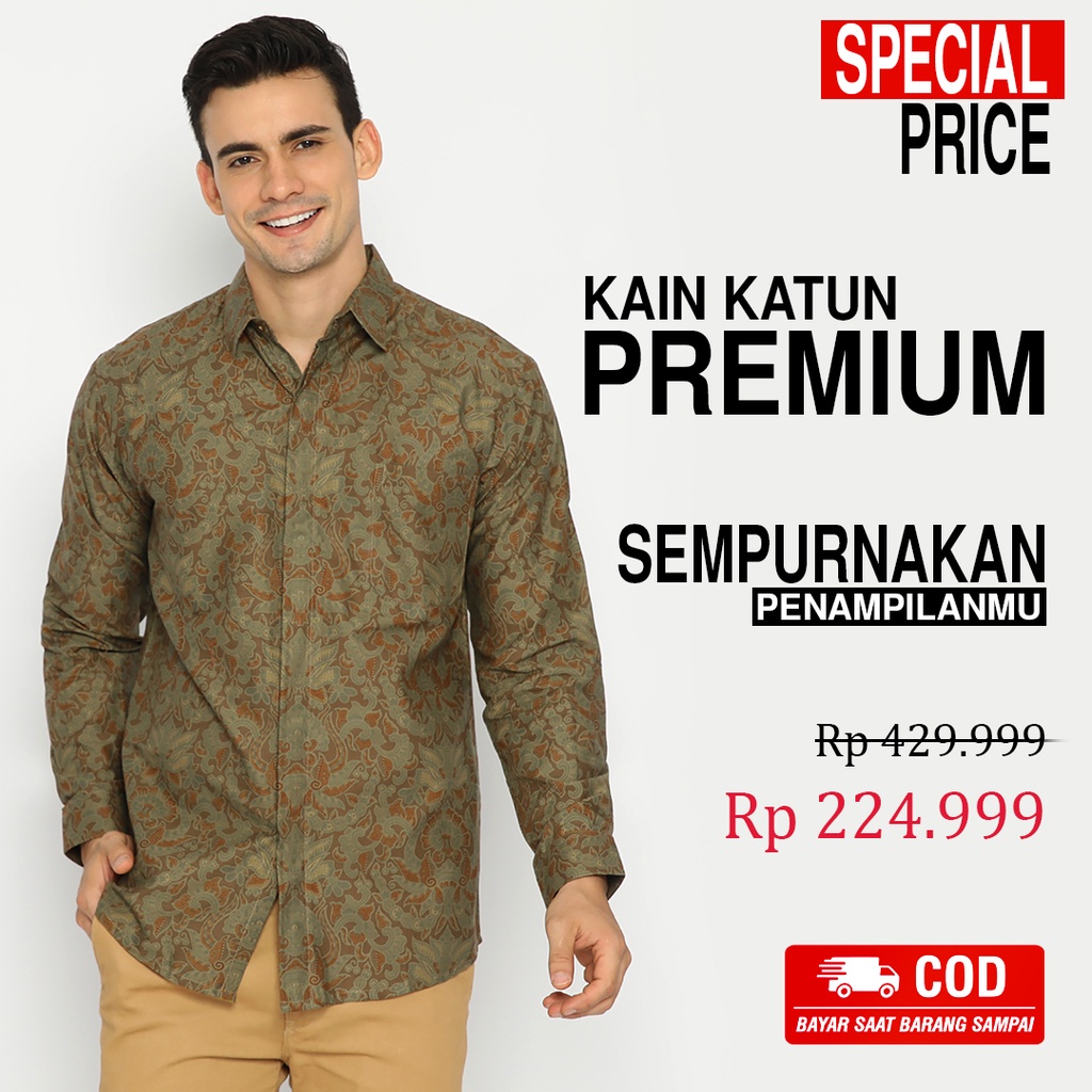 BATIK PRIA LENGAN PANJANG Kemeja Hem Slimfit Premium Motf Elegant Warna Hijau Alam 727513 Cap 72 - Baju Kemeja Atasan Pakaian Setelan Batik Pria Cowok Laki Laki Remaja Keluarga Kantor Lengan Panjang Modern Slimfit Slim Fit Premium Kekinian