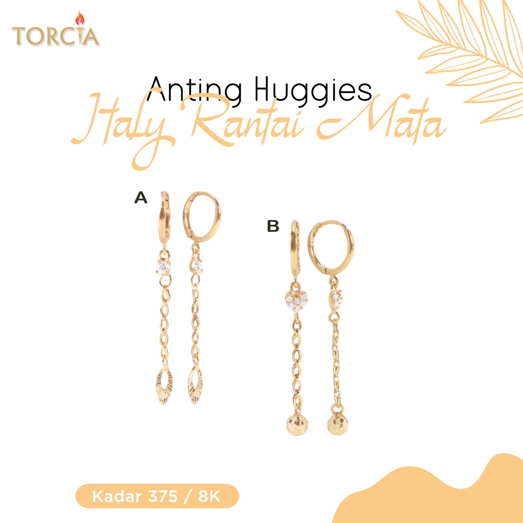 Anting Huggies Emas Asli Italy Rantai Mata Kadar 375 Torcia
