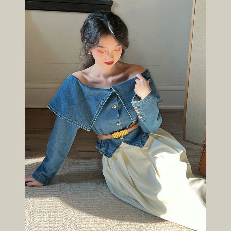 Suhao Suit Wanita 2022 Musim Gugur Baru Bahasa Perancis Retro One-Shoulder Denim Top Tinggi Pinggang Rok Setelan Jas Wanita