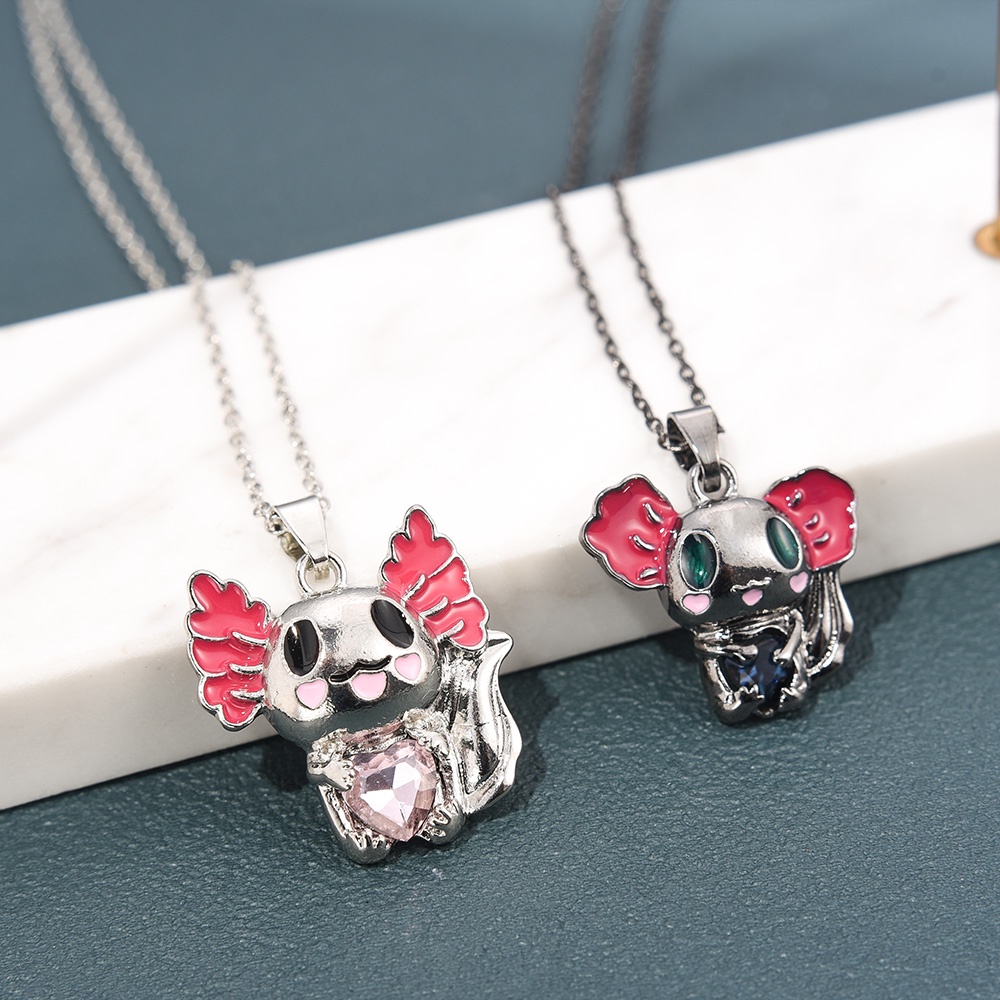 Kalung Rantai Klavikula Hias Liontin Kartun Axolotl Hati Berlian Imitasi Untuk Wanita