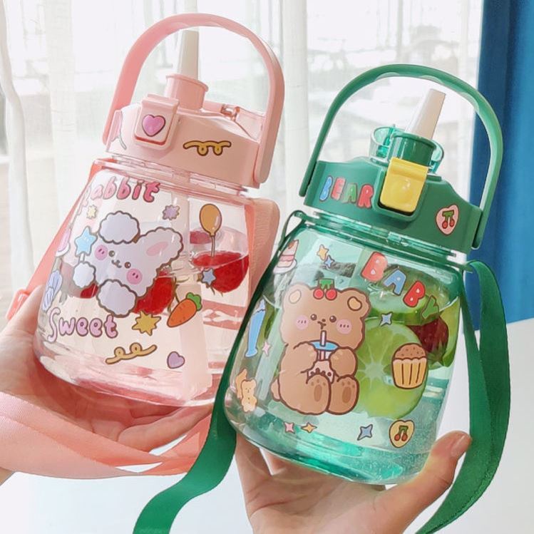 Botol Minum Tas / Botol Minum Perut Besar / Botol Air / Botol Sedotan + Stiker 1300ml