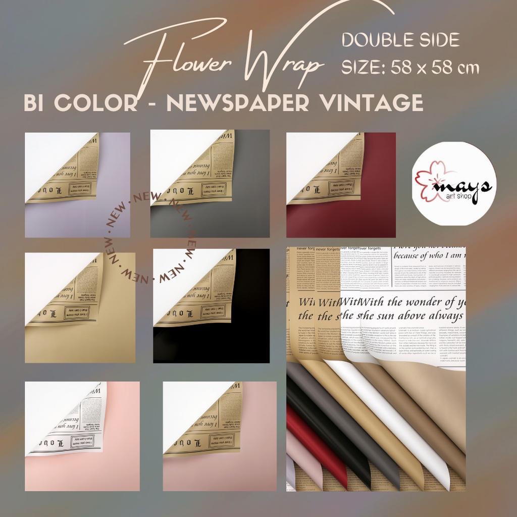 

[1 Pak 20 Lembar] Kertas Cellophane Buket Bunga - Flower Wrapping Paper Wrap Craft Bouquet Newspaper Koran Vintage Double Side Bi Color - Bucket Florist Waterproof Korean Style Bungkus Kado Gift Packaging Celophane