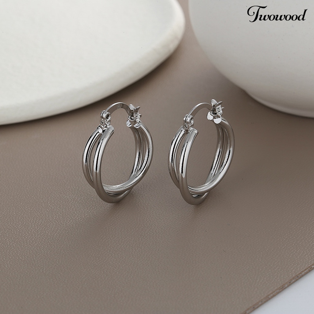 1 Pasang Anting Huggie Model Lapis Ganda Bahan Stainless Steel Anti Karat Anti Alergi Untuk Wanita