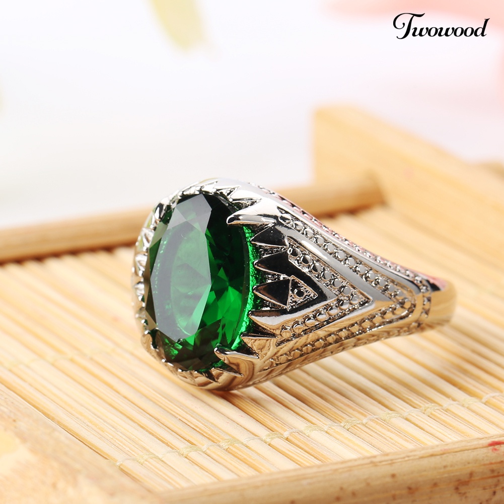 Cincin Jari Bentuk Oval Emerald Hijau Bahan Alloy Untuk Pria