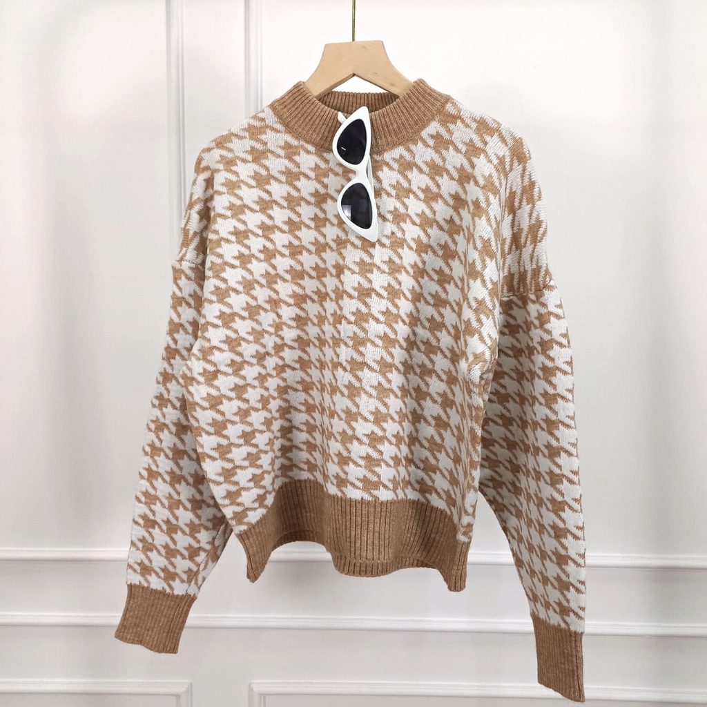 Blouse Sweater Houndstooth Soft Knit Import - Sweater Rajut Wanita Houndstooth TM (CX1235)