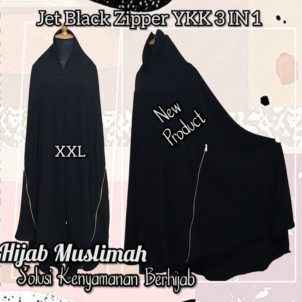JILBAB KHIMAR JET BLACK SIZE XXL MODEL ZIPPER 3 IN 1 DAN KLASIK ELEGAN - HIJAB MUSLIMAH - JILIBAB MU