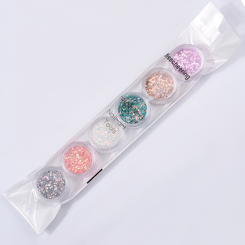 Bubuk Glitter Sequin Hexagonal Set 6 Nail art/ Serbuk Kasar Premium Nail art/ Hiasan Dekorasi Kuku