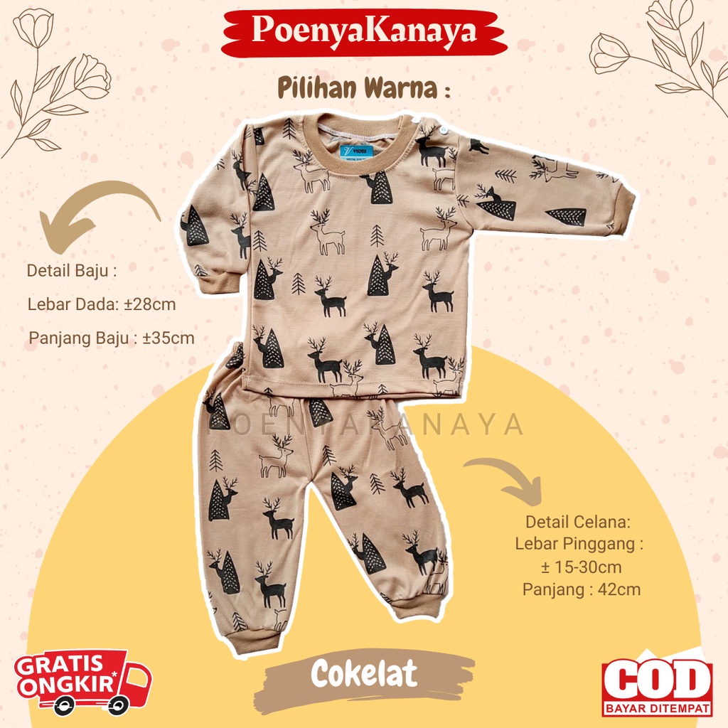 Setelan Baju Bayi Piyama Bayi Panjang RUSA WARNA Viori Size 6-18 Bulan SPY46