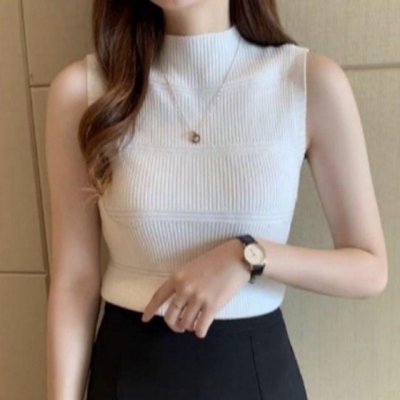 Turtleneck Wanita Tanktop Rajut Impor Tank Top Blouse Korean Motif 3 Garis