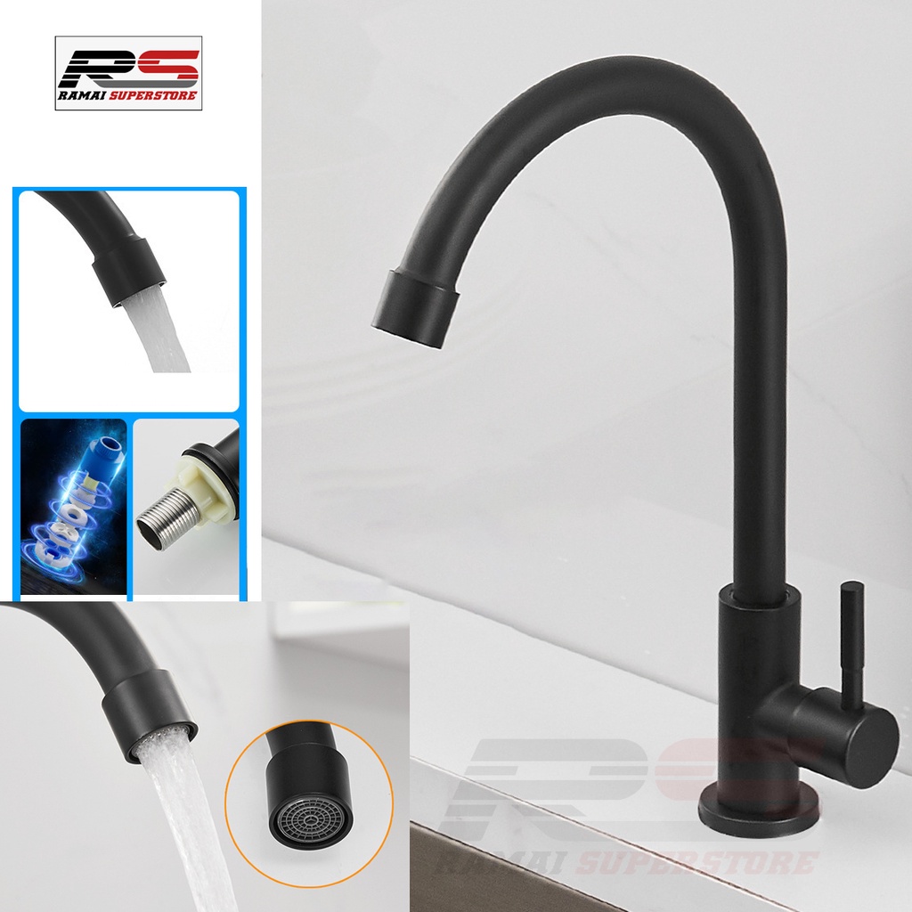 Keran Dapur Kran Angsa Cuci Piring Sink 304 Hitam Premium