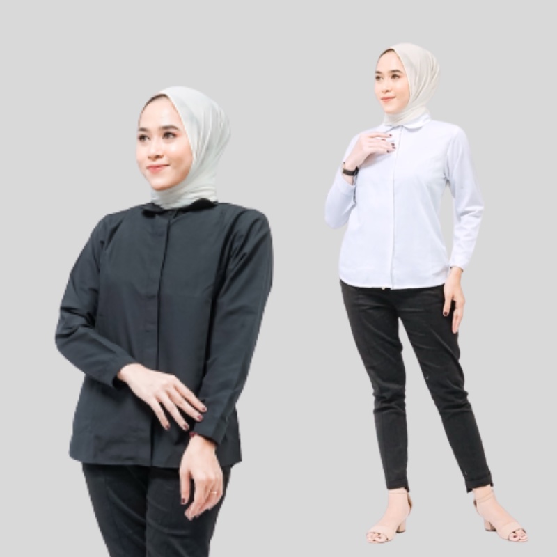 Baju Kemeja Kerja Kantor Putih Wanita Model Kerah Oval Premium