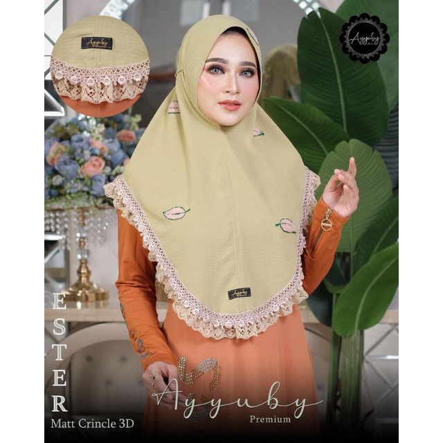 HIJAB BERGO RENDA ESTER 3D MOTIF DAUN BAHAN CRINCKLE AIRFLOW PREMIUM MIX RENDA IMPORT ORI AYYUBY
