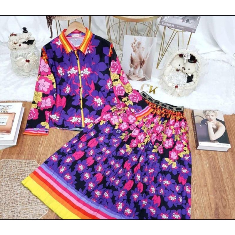 Setelan Rok Bunga/Leopard/Daun lucu Import