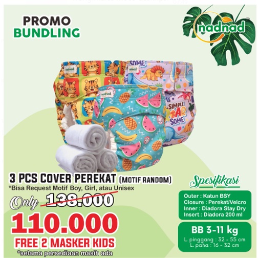 Promo Murah 3 Paket Clodi Bayi Pempes Kain Cuci Ulang Cover Perekat BB 3-11 KG dan Celana BB 7-17 KG By Sakina Popok Cuci Ulang