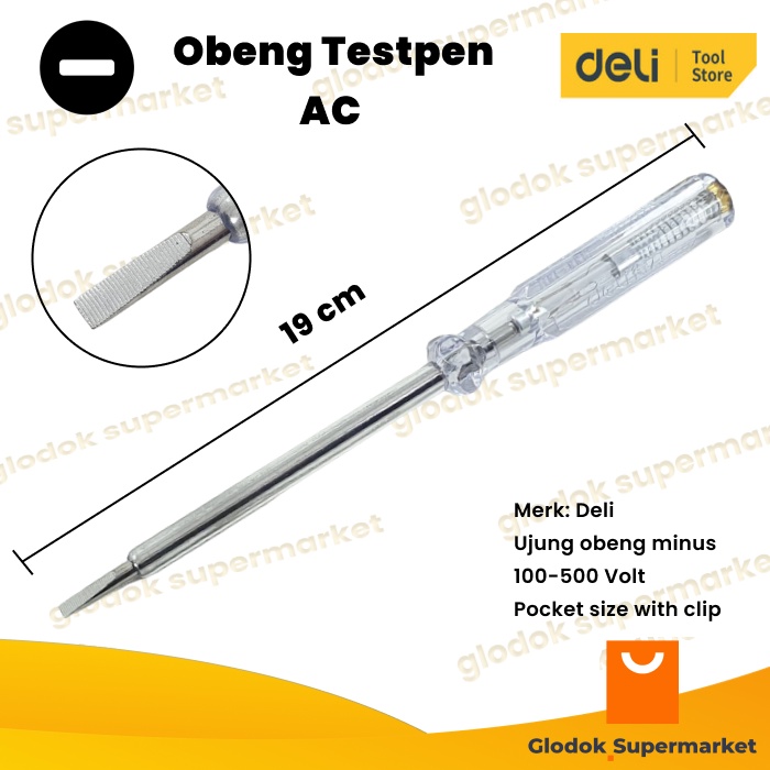 Obeng Testpen AC Deli DL8002 Tespen 100-500 Volt Panjang 19cm