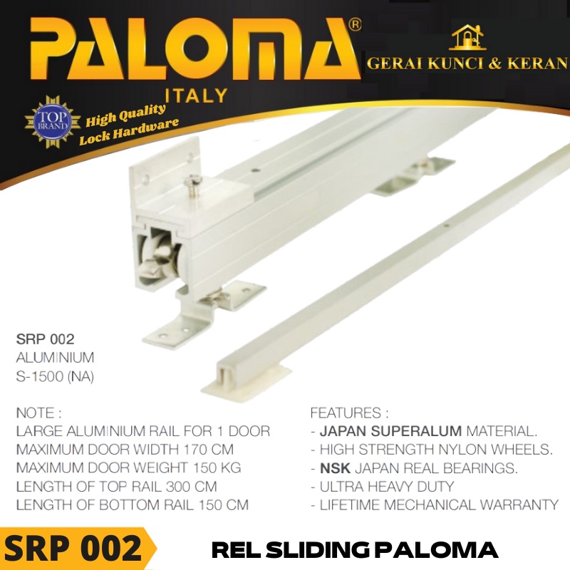 REL SLIDING PALOMA SRP 002 3 METER UNTUK 1 DAUN PINTU