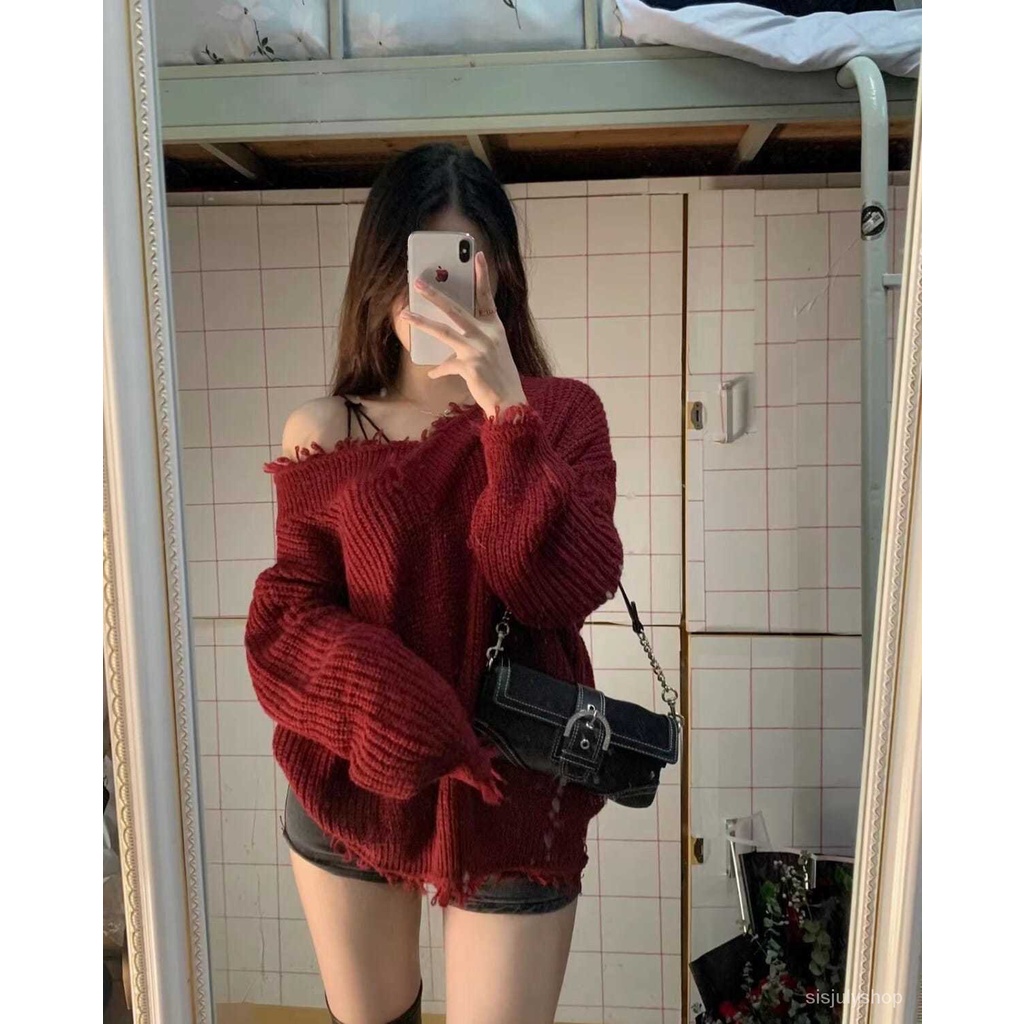 #Sisjuly# Sweater Merah Natal Wanita Atasan Tunik V-Neck Pullover Longgar