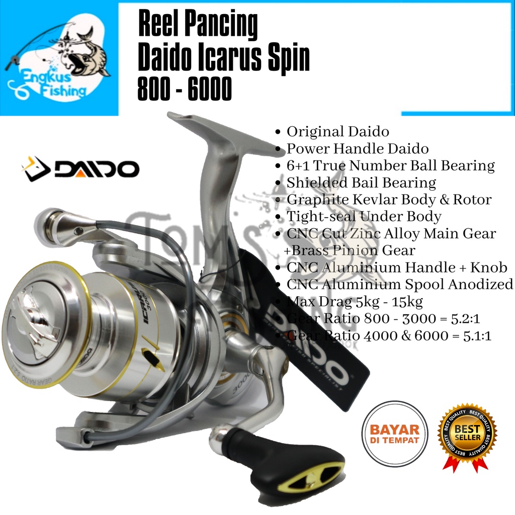 Reel Pancing Daido Icarus Spin 800 - 6000 (6+1 Bearing) Power Handle Full Seal Bearing -  Engkus Fishing