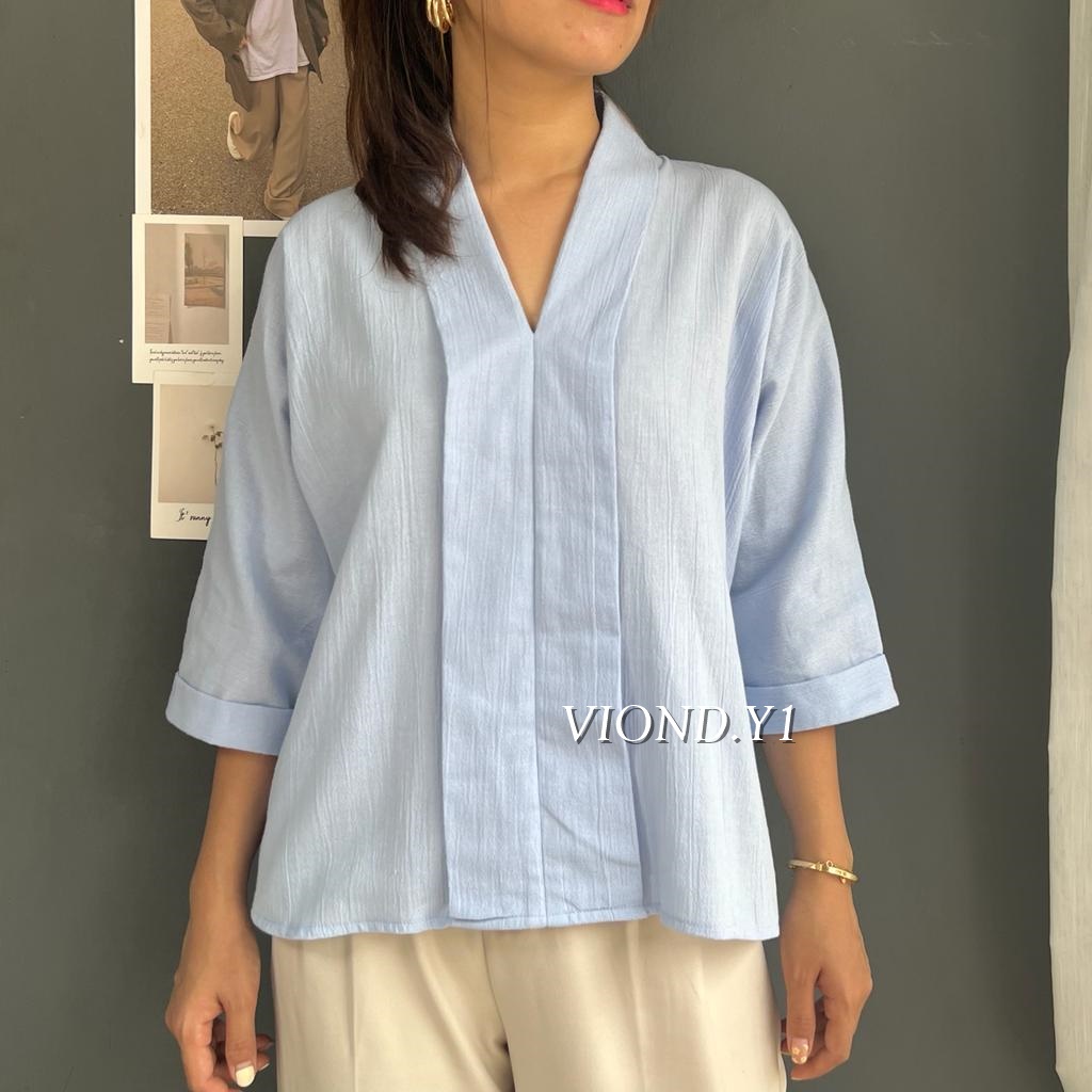 Blouse Korea V Neck Casual / Blouse Wanita Kringkel Linen E12