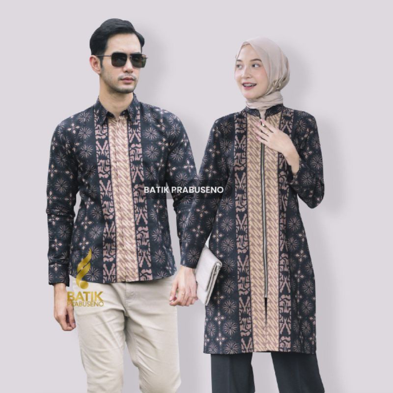 Batik Prabuseno Couple Set Hanum Hitam Atasan Tunik Wanita Dan Kemeja Pria Baju Seragam Kondangan Pe