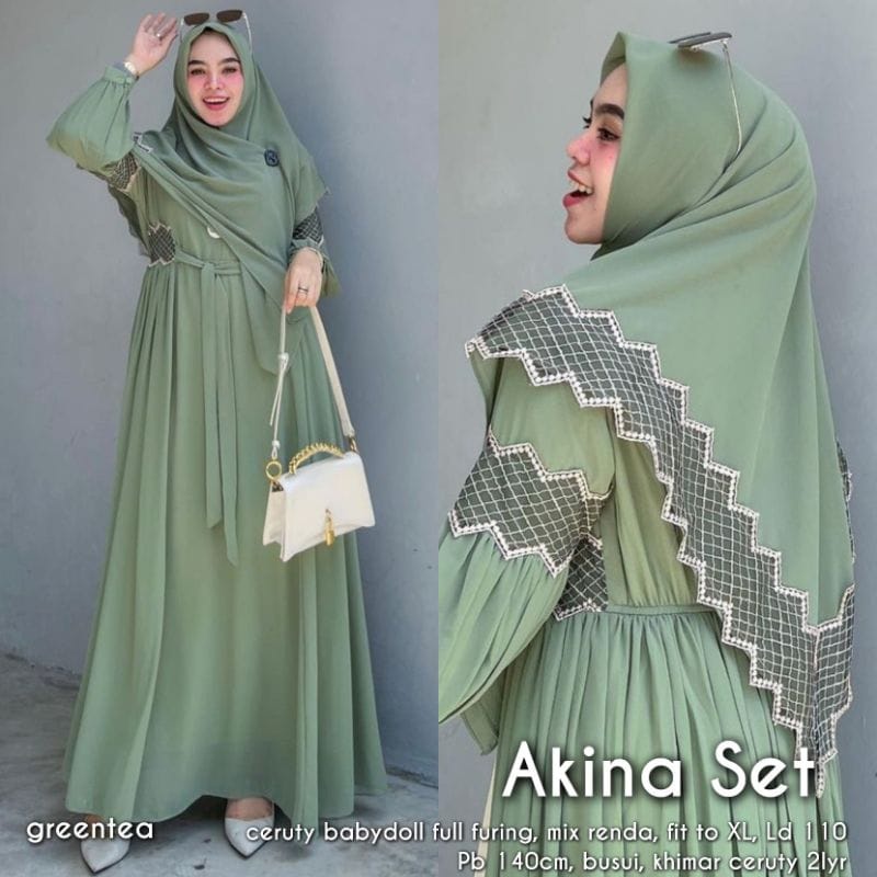 Akina Syari Gamis Set Khimar Busana Muslim Wanita Terbaru Baju Kondangan Wanita Kekinian Setelan Wanita Jumbo Ceruty Babydoll