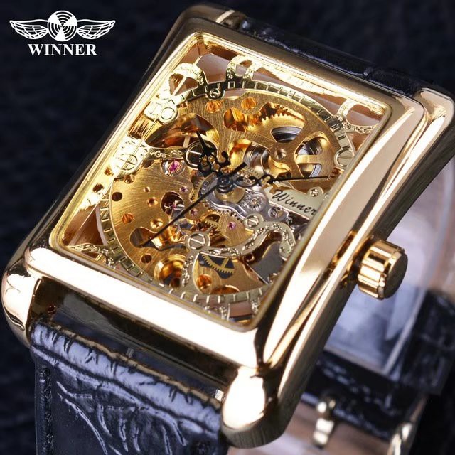 JAM TANGAN AUTOMATIC RECTANGULAR GEAR TRANSPARAN SKELETON MECHANICAL STEAMPUNK ANALOG STAINLESS STEE