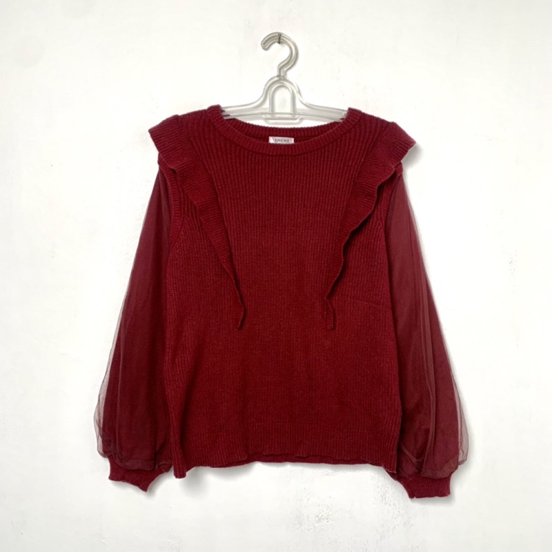 Knitwear outer sweatshirt atasan wanita panjang ingni merah maroon basic soft motif jaring mesh seco
