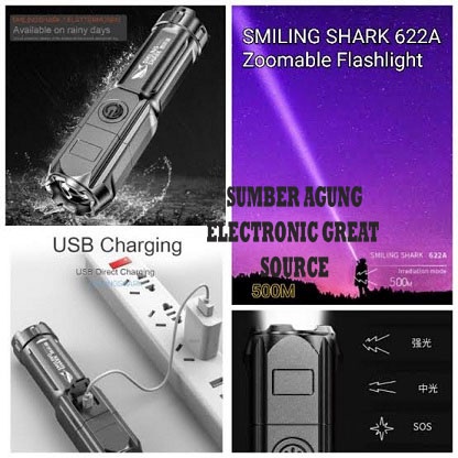 Smiling Shark 622A Zoomable Flashlight Alloy Kecil Terang Hingga 500M