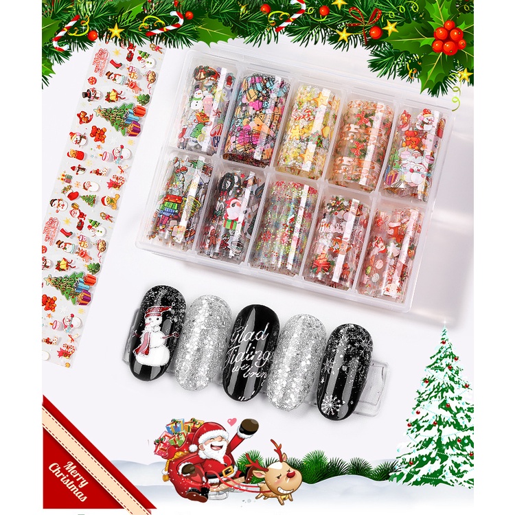 【 COD 】10pcs/BOX MIX Christmas Snowflake Halloween flower design nail art foils transfer decals sticker Nail Art