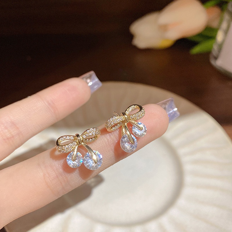 Anting Tusuk Gantung Temperament Desain Pita Hias Zircon Gaya Koreamewahvintage Untuk Wanita