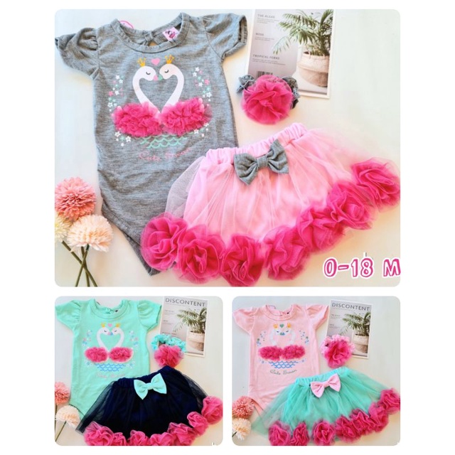 SETELAN BAJU BAYI PEREMPUAN 0-18 BULAN / SET JUMPER ROK TUTU FREE BANDO ANGSA / SETELAN BAJU BAYI CEWEK LUCU / SETELAN ROK TUTU ANGSA BAYI