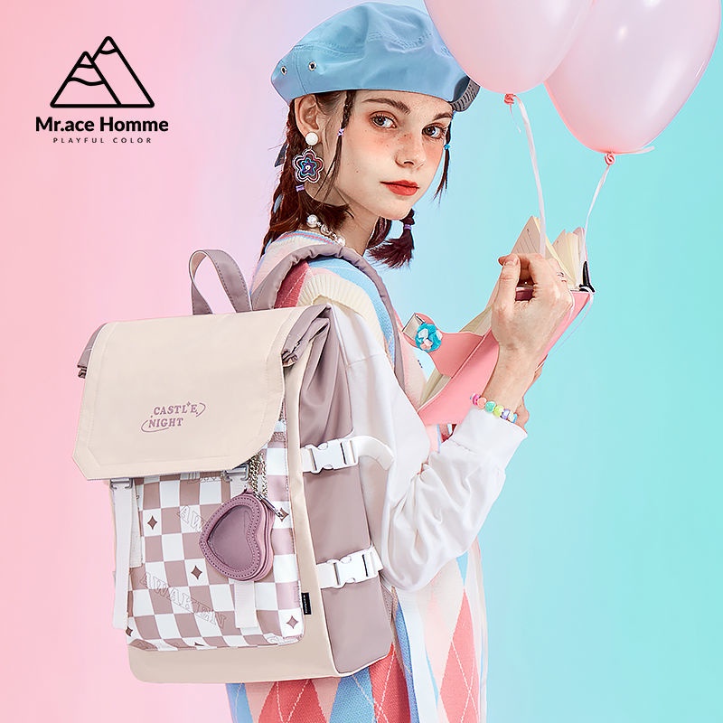 mrace Xingyue Castle asli gadis ransel perempuan high-end niche ransel flip tas sekolah berkapasitas besar