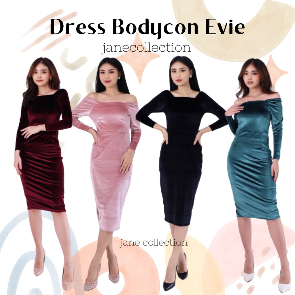 JANE COLLECTION || Midi Dress Pesta Hitam Bodycon Rok Pencil Bahan Velvet Bludru Lengan Panjang Sabrina Square Neck Party Dress Bodycon Evie