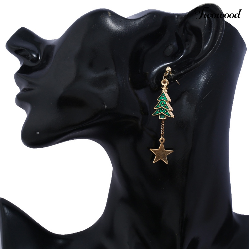 Anting Stud Asimetris Desain Pohon Natal Bintang Untuk Wanita