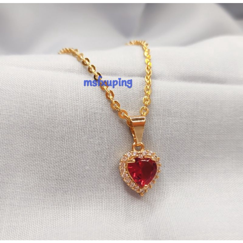 Kalung Wanita Motif Nuri Liontin Love Merah Delima Gold Perhiasan Mewah1780