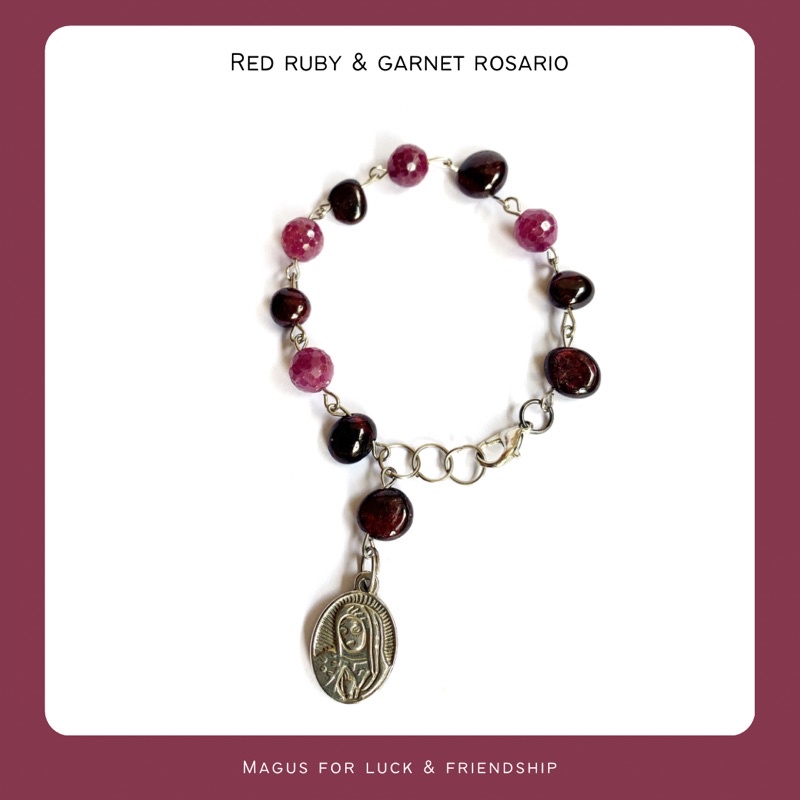 gelang rosario batu red ruby & garnet bandul stainless anti karat