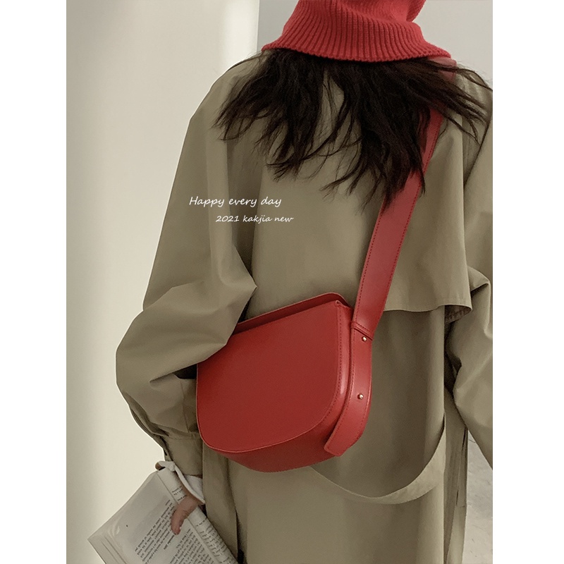 Suhao Tahun Baru Tas Merah Wanita 2021 Baru Fashion Trendi Retro Saddle Bag Niche All-Match In Single Shoulder Messenger Bag