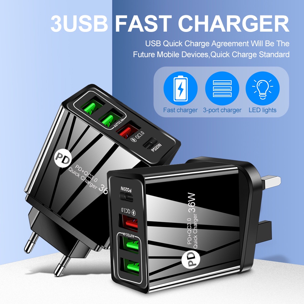 Adapter Power Charger 36W 3 Port Usb-A + Tipe-C 4 Port QC3.0 + PD Portable Untuk Iphone / Android