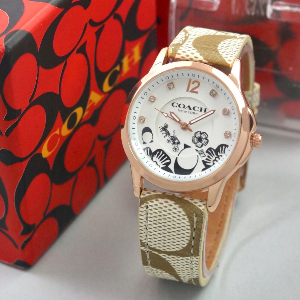 BEST SELLER JAM TANGAN WANITA COACH O80 TALI KULIT TANGGAL AKTIF PLAT MOTIF DM 3.8CM FREE BOX ORI &amp; BATERAI || JAM TANGAN FASHION WANITA JAM TANGAN CEWEK MURAH