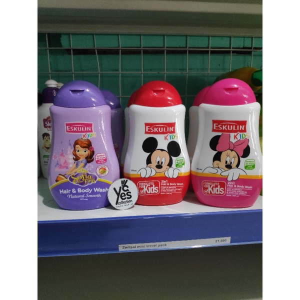 Eskulin Kids Hair &amp; Body Wash 280 ml 2in1 Botol Sabun dan Shampoo cair mandi anak disney Minnie Mickey Sofia Olive Leaf Pro Vitamin B5 Lembut Dimata Soft Protect