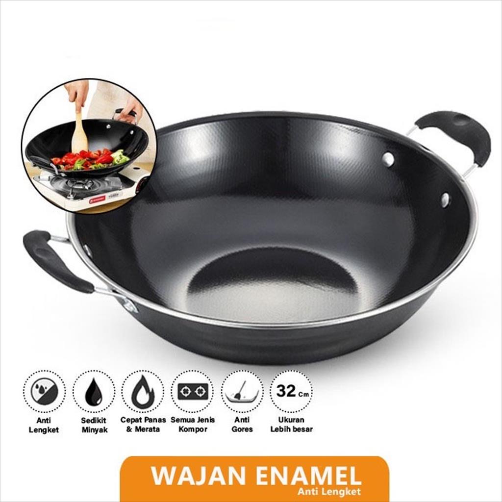 GH 991. Wajan Enamel Anti Lengket Anti Gores 34cm Wajan teflon Penggorengan Wok Pan 34 cm GSF 2034 t