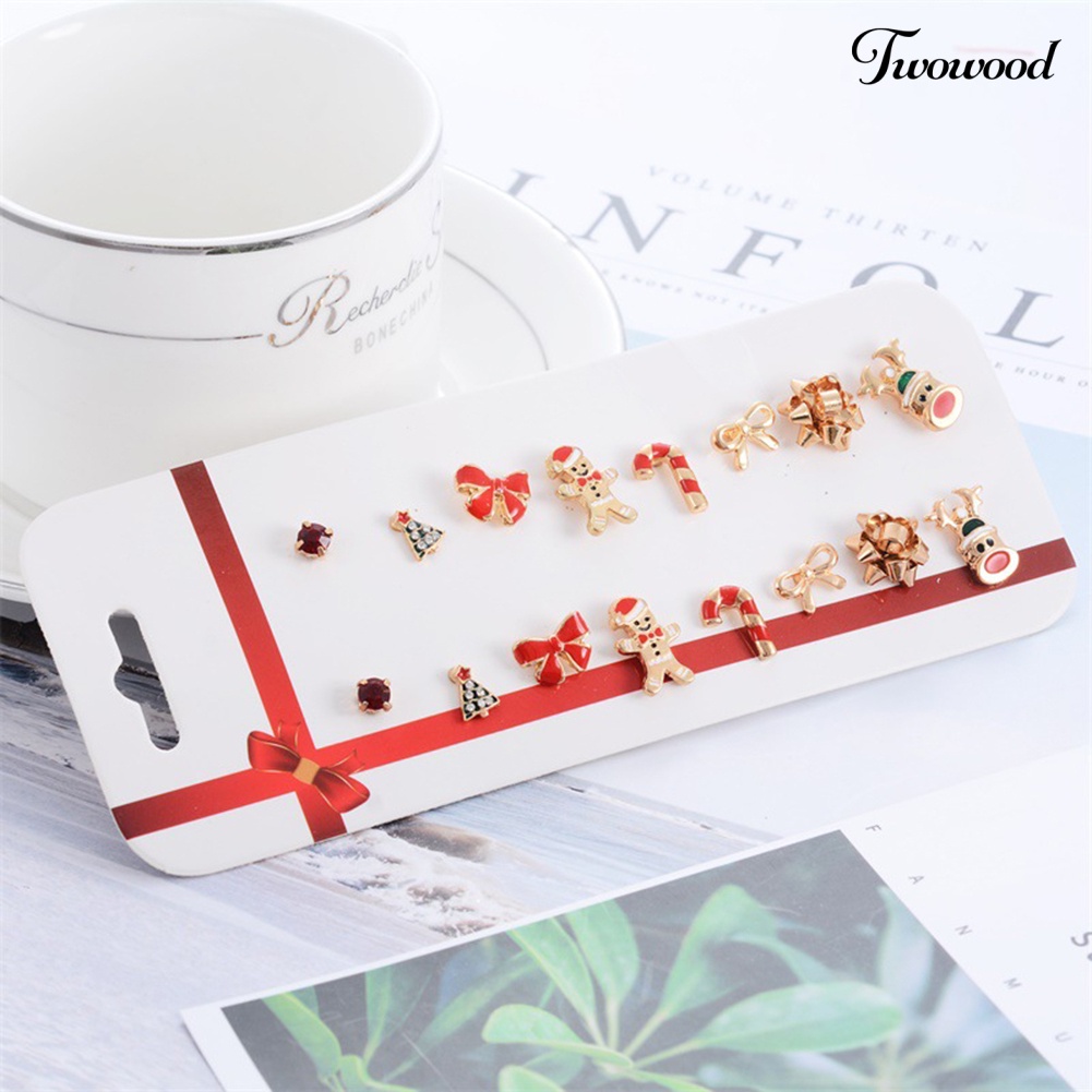 8 Pasang Anting Stud Desain Pohon Natal Rusa Snowflake Gingerbread Man