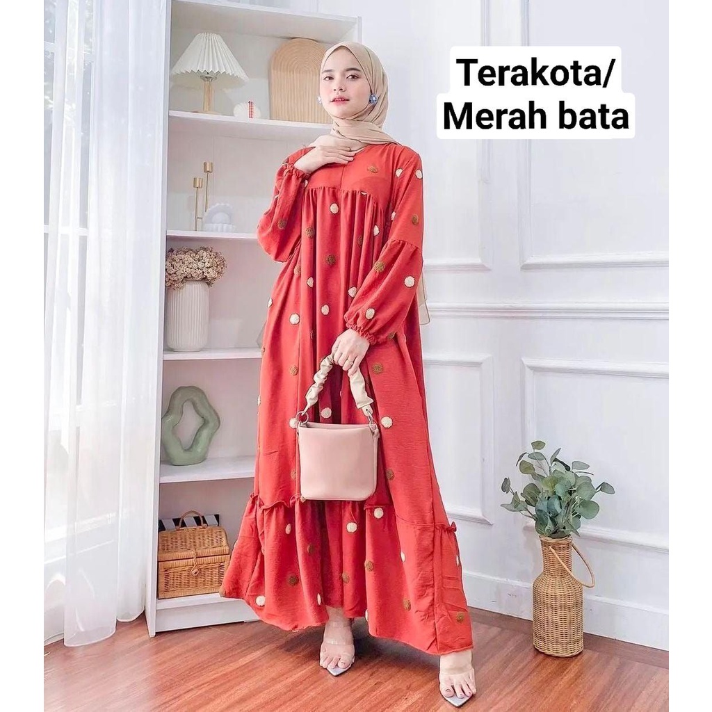 Pom Pom Bordir Gamis Wanita Crinkle Airflow Premium Dress Wanita Lengan Balon Karet Baju Wanita Muslim Kekinian LD 115 cm