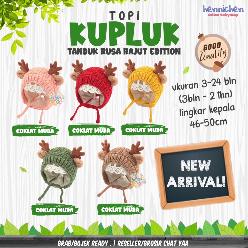 TOPI BAYI KUPLUK TANDUK RUSA RAJUT TEBAL PREMIUM IMPORT TOPI KUPLUK ANAK LUCU